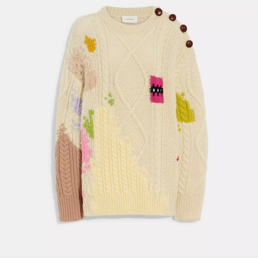 Coach Cream Cable-Knit Crewneck Sweater with Multicolor Accents